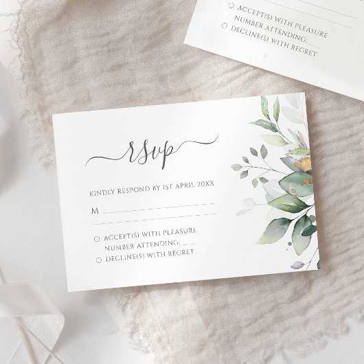 Elegant Eukalyptus Blätter Grüne Goldhochzeit RSVP Karte