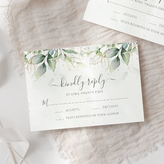 Elegant Eukalyptus Blätter Grüne Goldhochzeit RSVP Karte