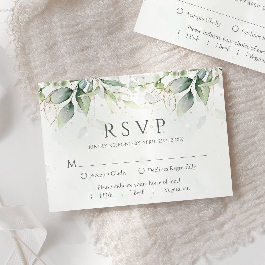 Elegant Eukalyptus Blätter Grüne Goldhochzeit RSVP Karte