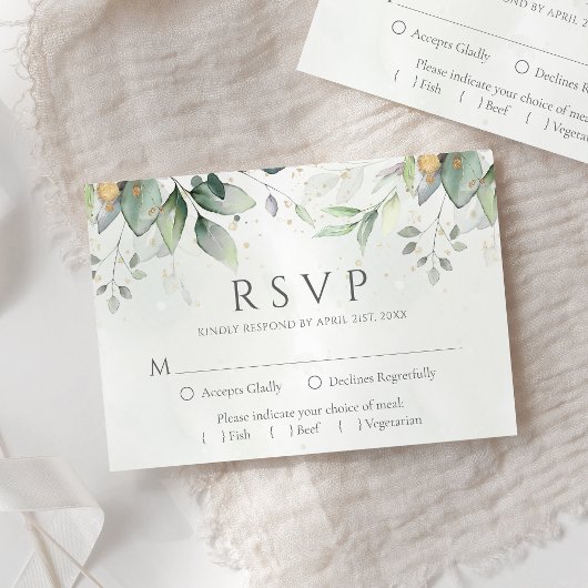 Elegant Eukalyptus Blätter Grüne Goldhochzeit RSVP Karte