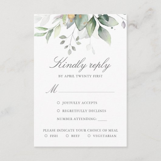 Elegant Eukalyptus Blätter Grüne Goldhochzeit RSVP Karte (Vorderseite)