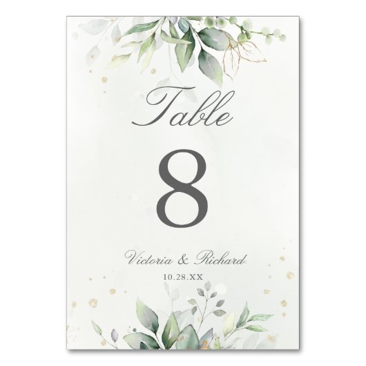 Elegant Eukalyptus Blätter Grüne Goldhochzeit Tischnummer (Rückseite)