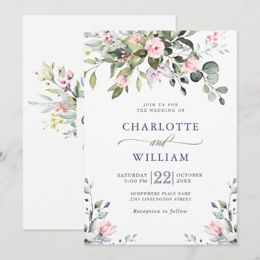 Elegant Eukalyptus Blush Rose Grüne Hochzeit Einladung (Vorne/Hinten)