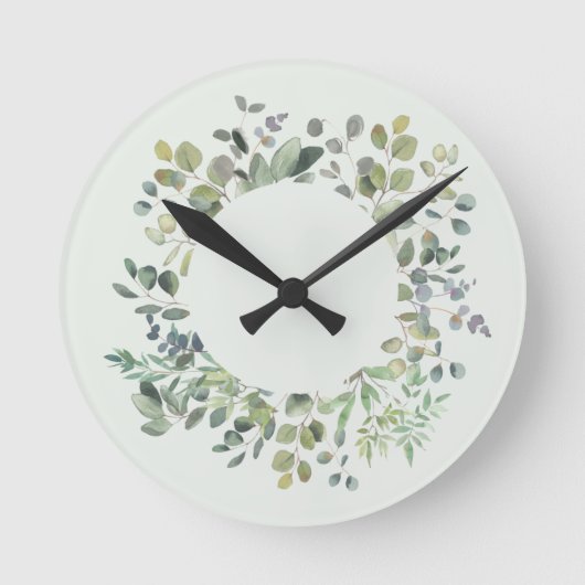 Elegant Eukalyptus Branch Botanical Dusty Green Runde Wanduhr (Vorderseite)