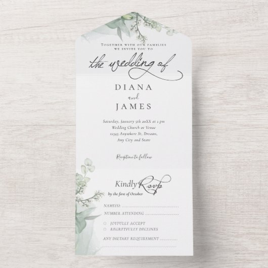 Elegant Eukalyptus Calligraphy Wedding All In One Einladung (Innen Boden)