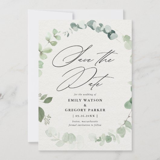 Elegant Eukalyptus Calligraphy Wedding Save The Date (Vorderseite)