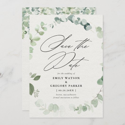 Elegant Eukalyptus Calligraphy Wedding Save The Date (Vorne/Hinten)