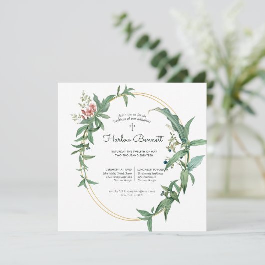 Elegant Eukalyptus Christening oder Taufe Einladung (Stehend Vorderseite)