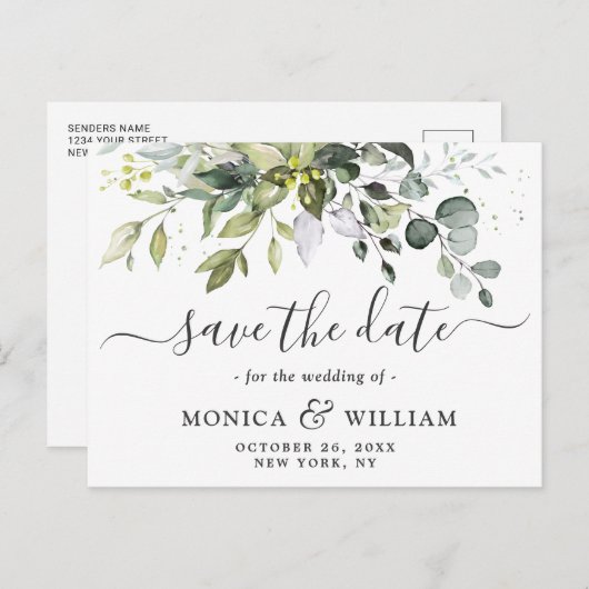 Elegant Eukalyptus Floral Wedding Save the Date Ankündigungspostkarte (Vorne/Hinten)