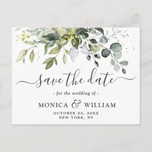 Elegant Eukalyptus Floral Wedding Save the Date Ankündigungspostkarte (Vorderseite)
