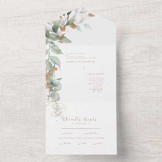 Elegant Eukalyptus & Gold Beide Eltern Hochzeiten All In One Einladung (Innen Boden)