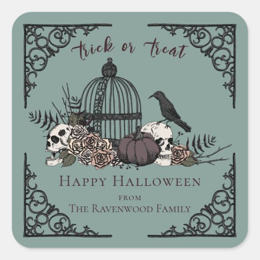 Elegant Eukalyptus Gothic Happy Halloween Quadratischer Aufkleber (Vorderseite)