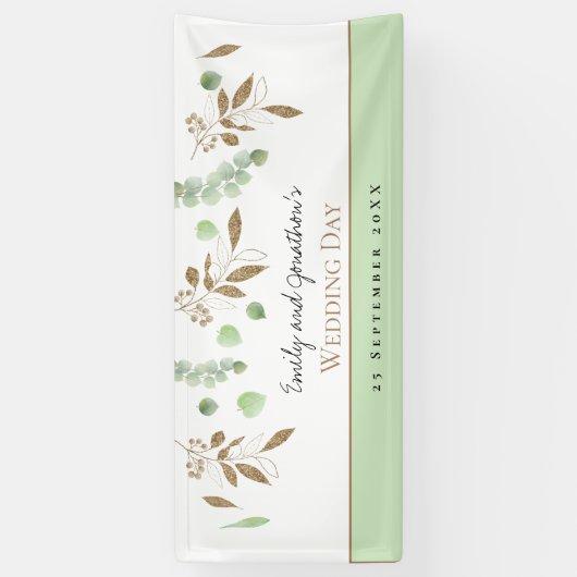 Elegant Eukalyptus Green Gold Names Datum Hochzeit Banner (Vertikal)