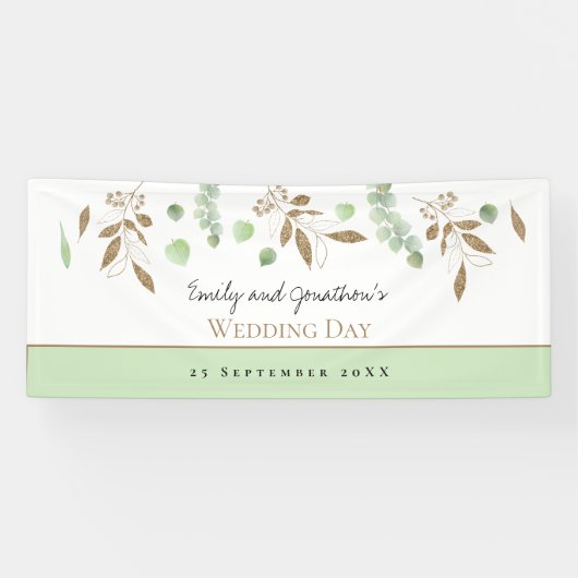 Elegant Eukalyptus Green Gold Names Datum Hochzeit Banner (Horizontal)