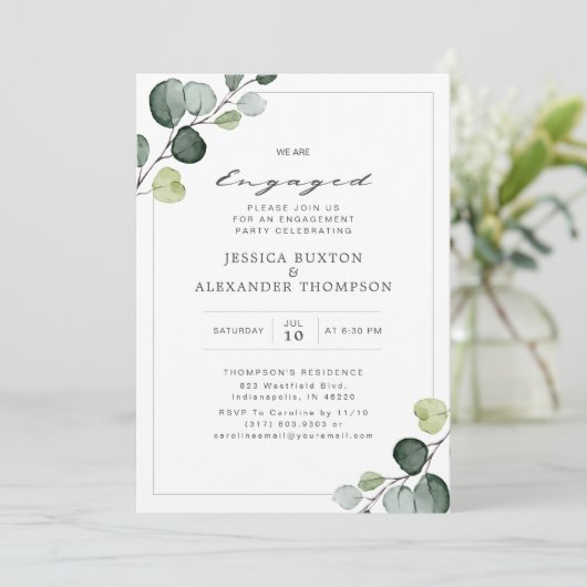 Elegant Eukalyptus Greenerity Engagement Party Einladung (Stehend Vorderseite)