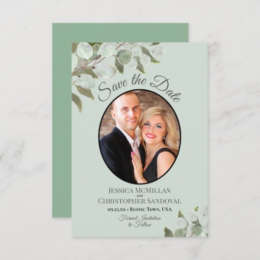 Elegant Eukalyptus Greenerity & Foto Mint Wedding Save The Date (Vorne/Hinten)