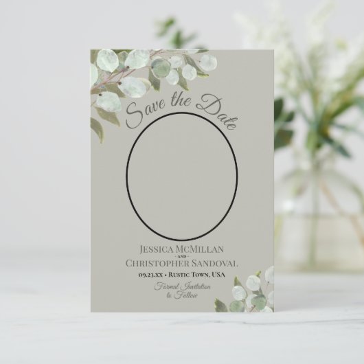 Elegant Eukalyptus Greenerity & Foto Sage Wedding Save The Date (Stehend Vorderseite)