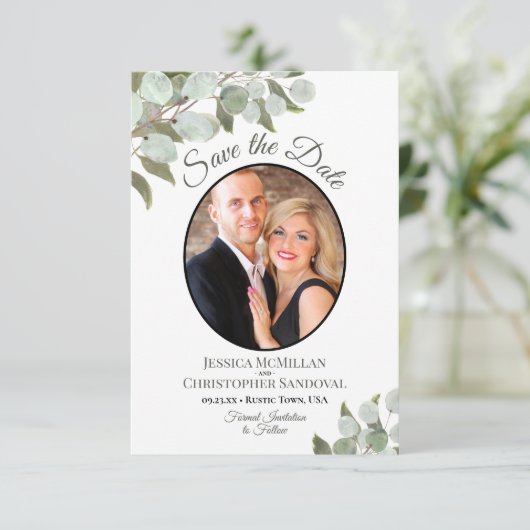 Elegant Eukalyptus Greenerity & Foto White Wedding Save The Date (Stehend Vorderseite)