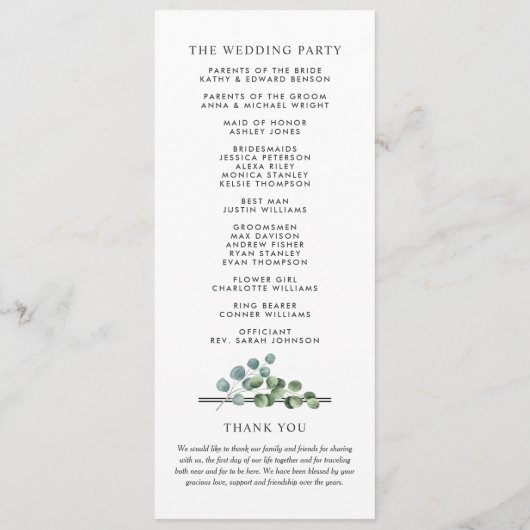 Elegant Eukalyptus Greenerity Hochzeitstag Programm (Rückseite)