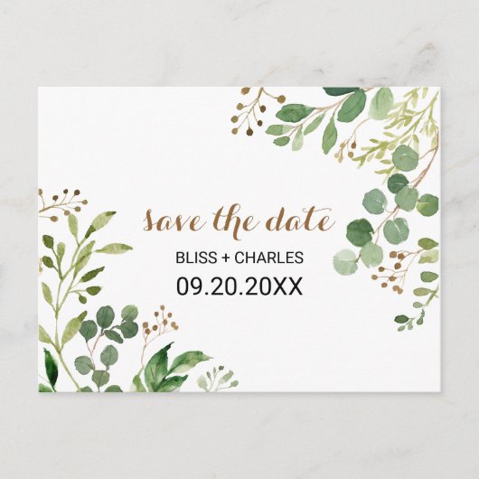 Elegant Eukalyptus Greenerity Save the Date Card Postkarte (Vorderseite)
