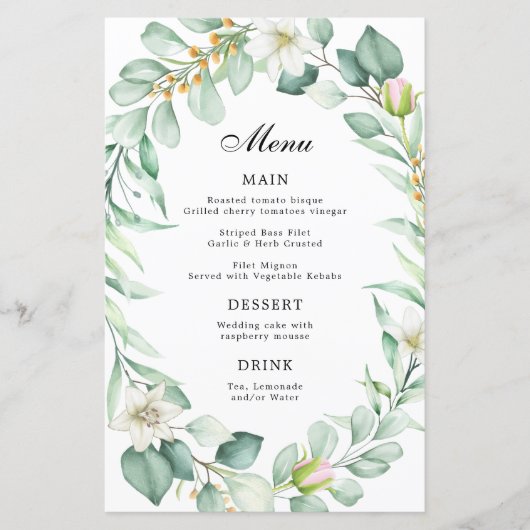 Elegant Eukalyptus Greenerity Wedding Dinner Menu (Vorderseite)