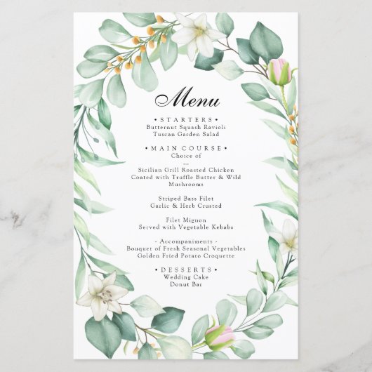 Elegant Eukalyptus Greenerity Wedding Menu (Vorderseite)
