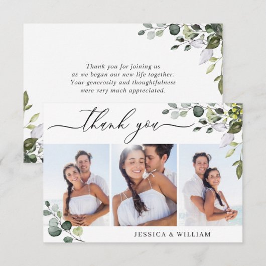 Elegant Eukalyptus Greenery 3 FOTO Wedding Dankeskarte (Vorne/Hinten)