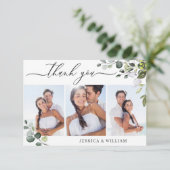 Elegant Eukalyptus Greenery 3 FOTO Wedding Dankeskarte (Stehend Vorderseite)