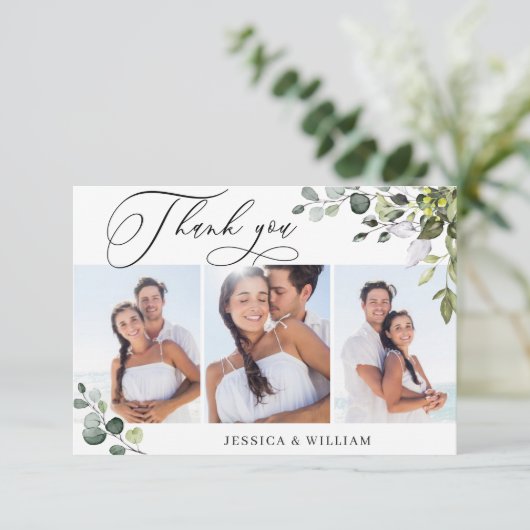 Elegant Eukalyptus Greenery 3 FOTO Wedding Dankeskarte (Stehend Vorderseite)