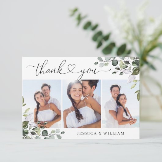 Elegant Eukalyptus Greenery 3 FOTO Wedding Dankeskarte (Stehend Vorderseite)