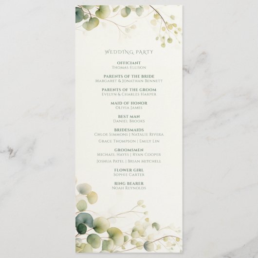 Elegant Eukalyptus Greenery Botanische Zeremonie Programm (Rückseite)