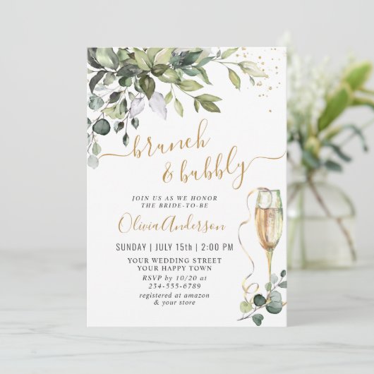 Elegant Eukalyptus Greenery Brunch & Bubbly Einladung (Stehend Vorderseite)