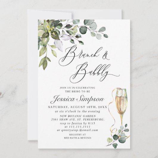 Elegant Eukalyptus Greenery Brunch & Bubbly Einladung (Vorderseite)