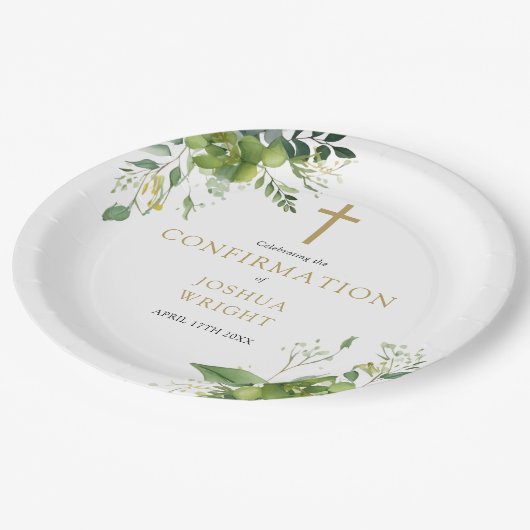 Elegant Eukalyptus Greenery Confirmation Pappteller (Schrägansicht)
