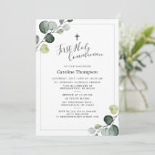 Elegant Eukalyptus Greenery Erste Heilige Kommunio Einladung (Stehend Vorderseite)