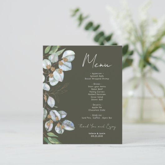 Elegant Eukalyptus Greenery Event Menu (Stehend Vorderseite)