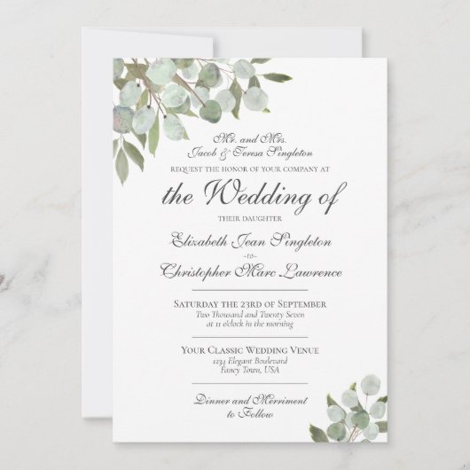 Elegant Eukalyptus & Greenery Formal Wedding Einladung (Vorderseite)