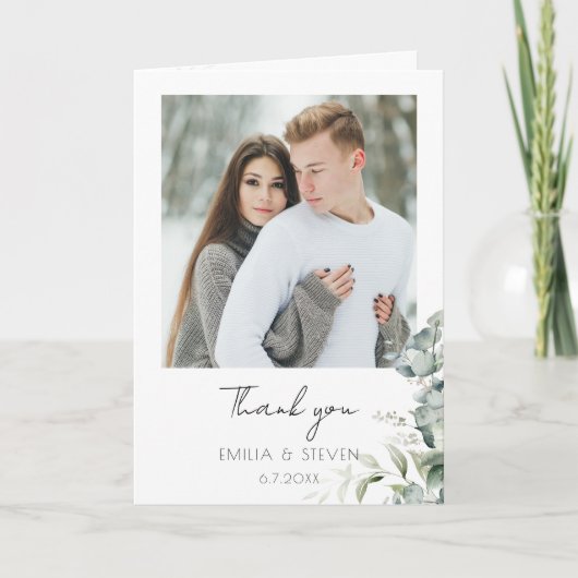 Elegant Eukalyptus Greenery Foto Dankeskarte (Vorderseite)