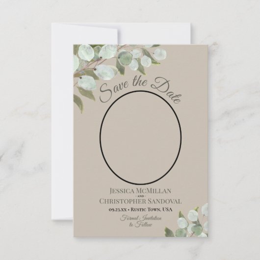 Elegant Eukalyptus Greenery & Foto Tan Wedding Save The Date (Vorderseite)