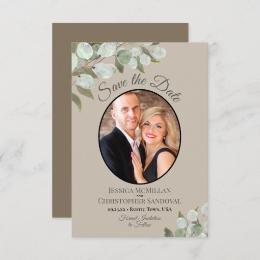 Elegant Eukalyptus Greenery & Foto Tan Wedding Save The Date (Vorne/Hinten)