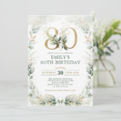 Elegant Eukalyptus Greenery Gold 80. Geburtstag Einladung (Stehend Vorderseite)