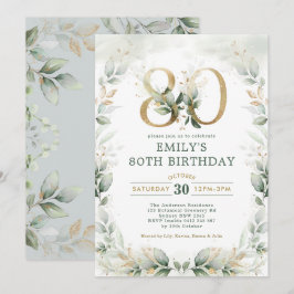 Elegant Eukalyptus Greenery Gold 80. Geburtstag Einladung