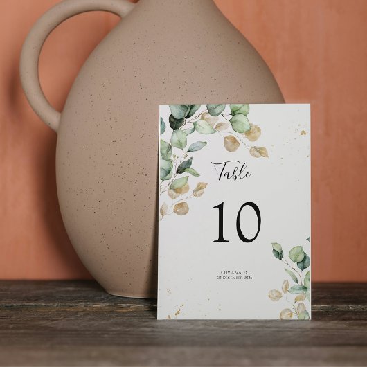 Elegant Eukalyptus Greenery & Gold Akzente Hochzei Tischnummer