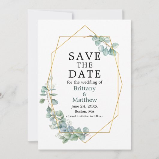 Elegant Eukalyptus Greenery Gold Geo Frame Save The Date (Vorderseite)