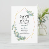 Elegant Eukalyptus Greenery Gold Geo Frame Save The Date (Stehend Vorderseite)