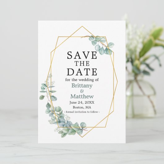 Elegant Eukalyptus Greenery Gold Geo Frame Save The Date (Stehend Vorderseite)