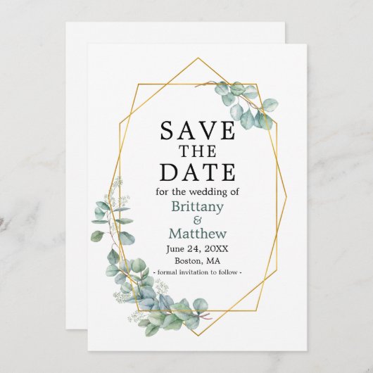 Elegant Eukalyptus Greenery Gold Geo Frame Save The Date (Vorne/Hinten)