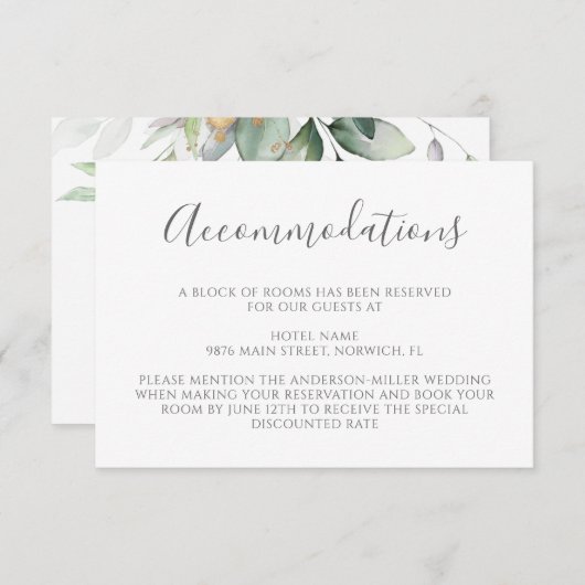 Elegant Eukalyptus Greenery Gold Unterkünfte Begleitkarte (Vorne/Hinten)