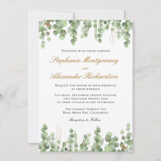 Elegant Eukalyptus Greenery Gold Wedding Einladung (Vorderseite)