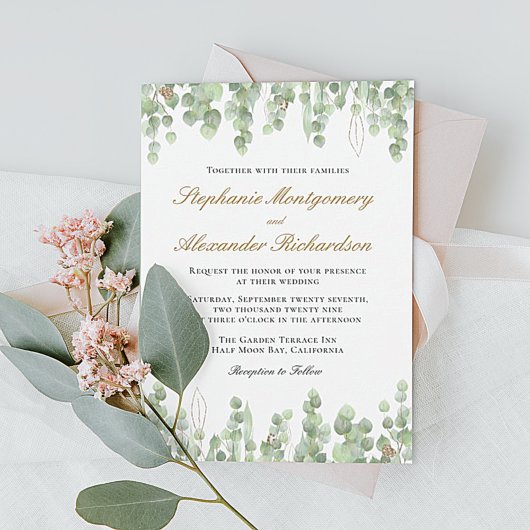Elegant Eukalyptus Greenery Gold Wedding Einladung